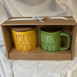 NIB Rae Dunn Pot O' Gold Yellow Canister and Born Lucky Green Mug Set